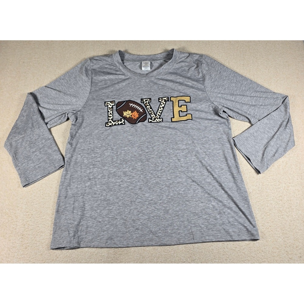 Womens XXL Gray Football LOVE Long Sleeve Shirt Stretch Casual Graphic Top